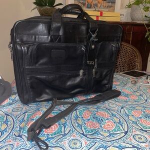 TUMI Alpha Black Leather Expandable Organizer Briefcase Bag New! 17x13